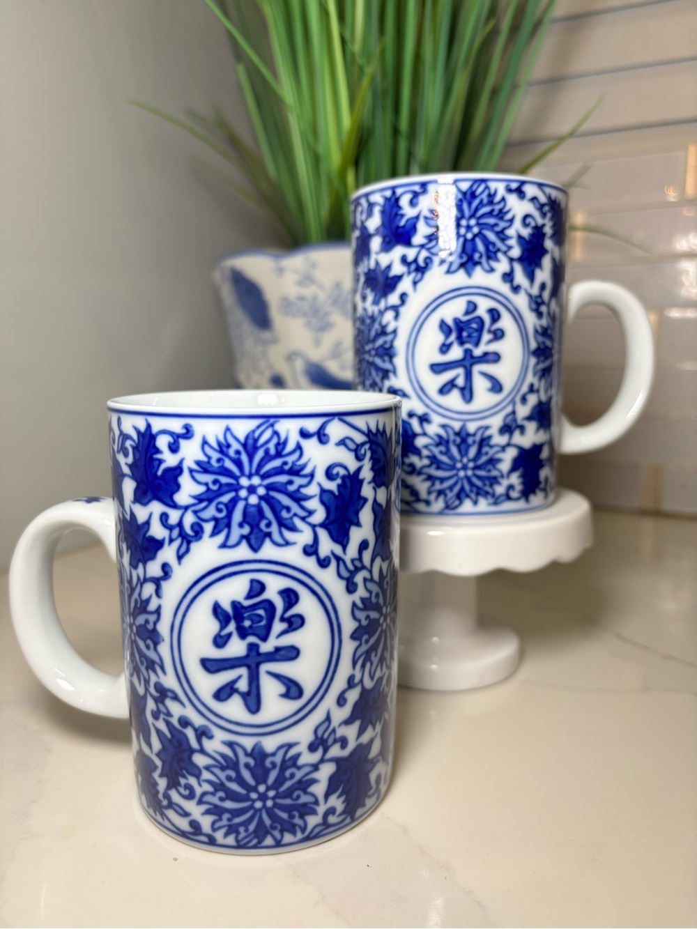 Pier 1 Imports Blue and White Porcelain Happiness Mugs – Elegant Chinoiserie Cup